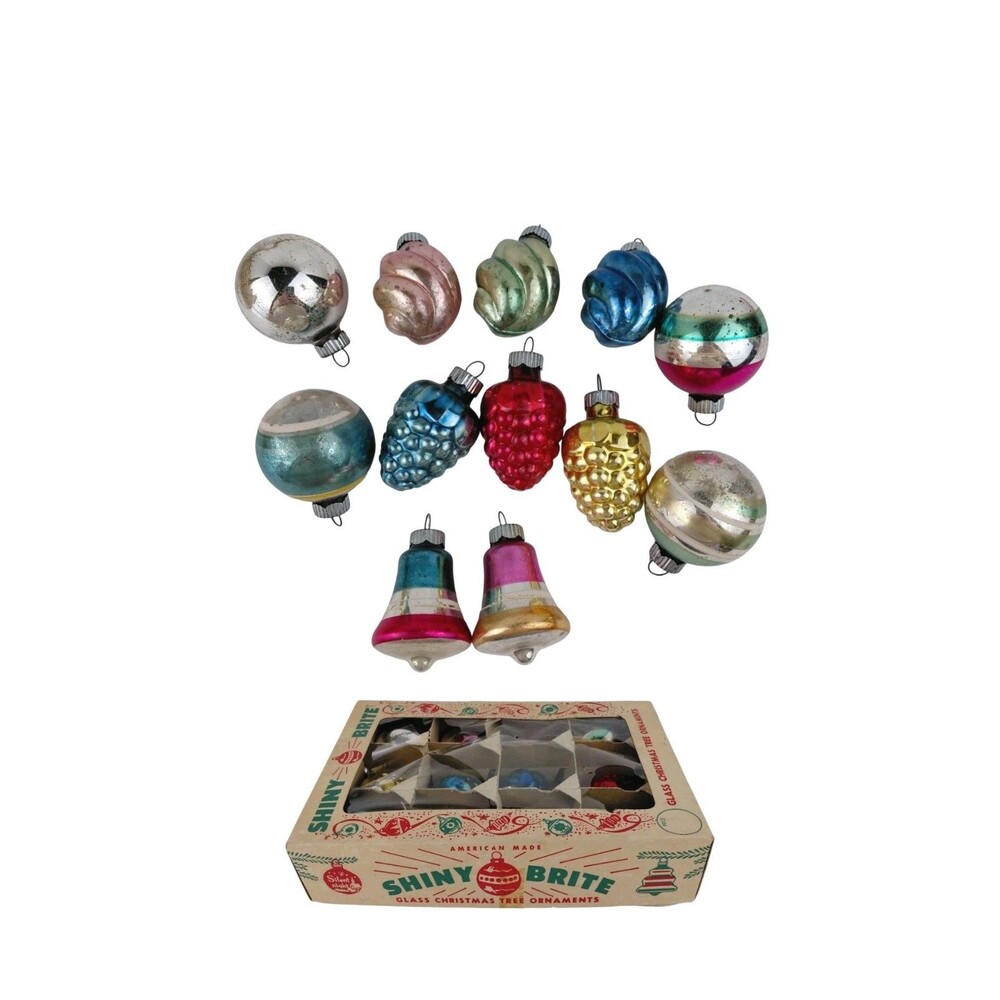 Shiny Brite Glass Christmas 12 Ornaments Box Mercury Glass US Vtg Various Shapes